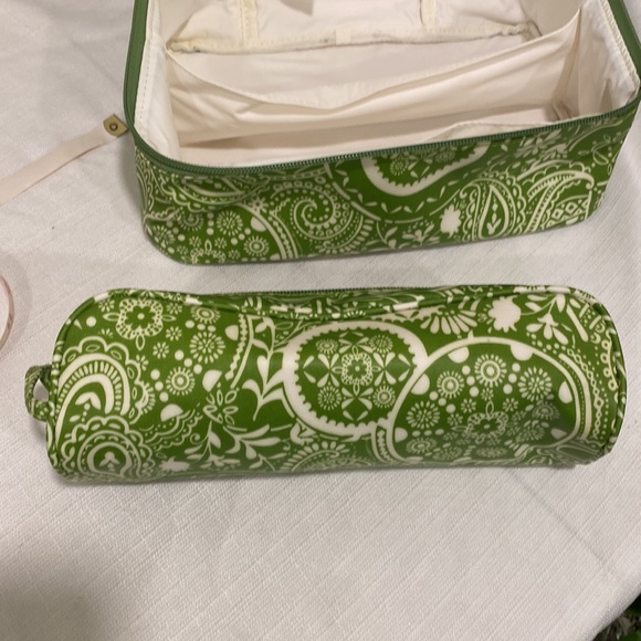 Pottery Barn Coated Canvas Toiletry Case with Brush Bag in Green Paisley Print - Picture 7 of 12